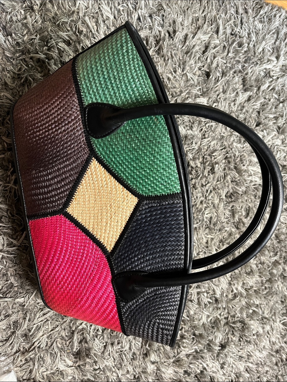 Colorblock Woven Tote Bag - Pink, Green, Black, Brown, Cream